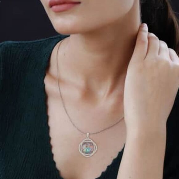 Abalone Shell and White Austrian Crystal Curvy Round Pendant Necklace - Picture 2 of 13